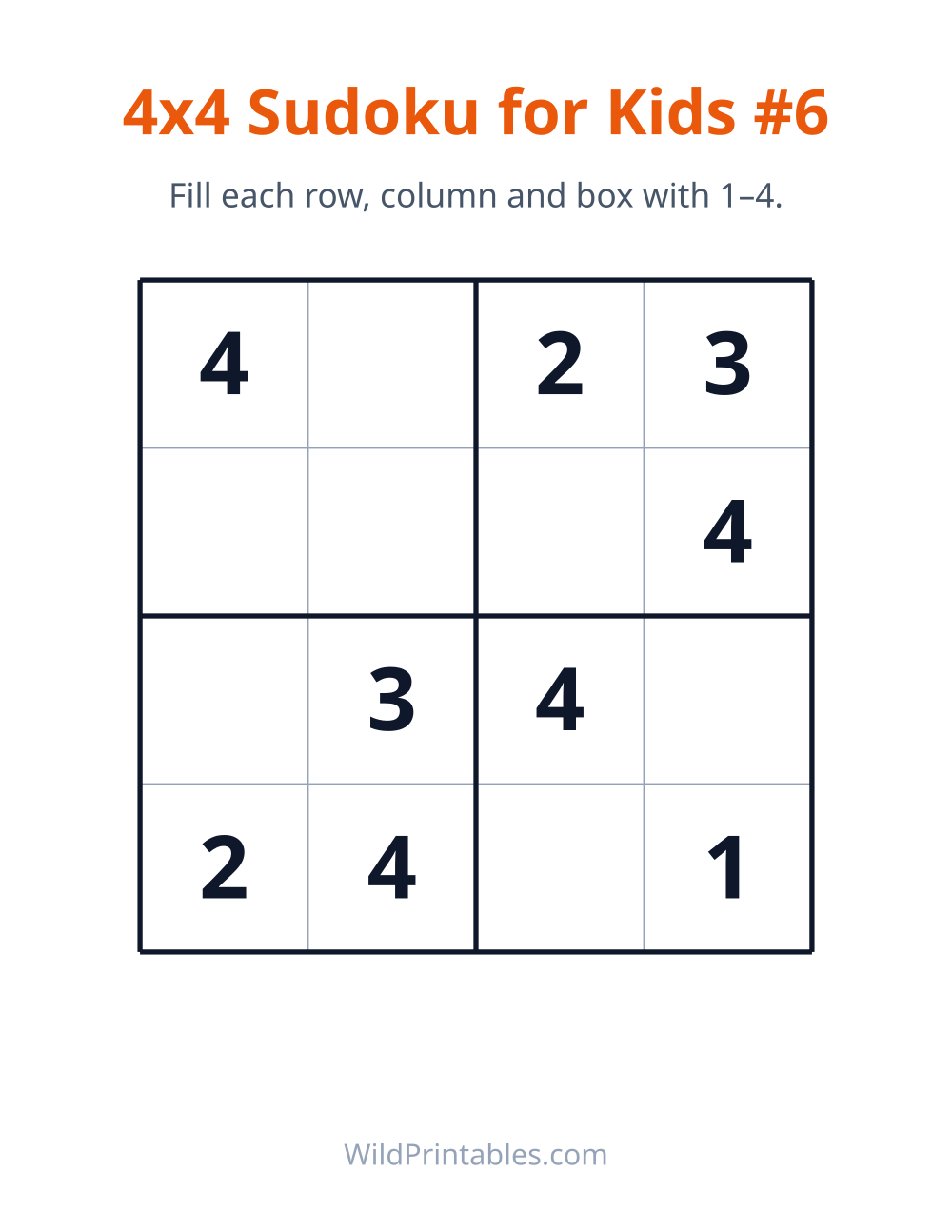 4x4 Sudoku for Kids #6 — free printable sudoku for kids to print and color at home
