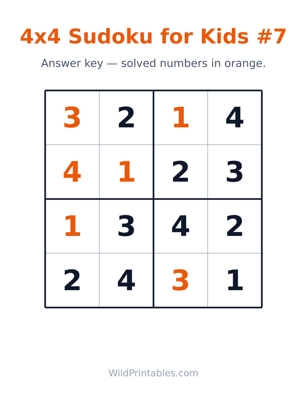 4x4 Sudoku for Kids #7 — answer key