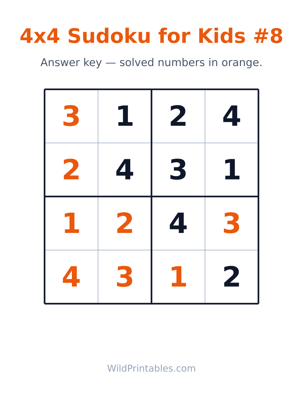 4x4 Sudoku for Kids #8 — answer key