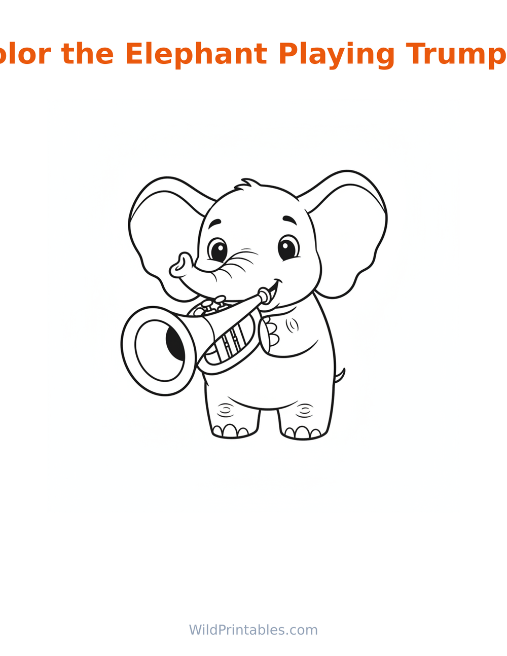 Elephant Playing Trumpet Coloring Page — free printable coloring for kids
