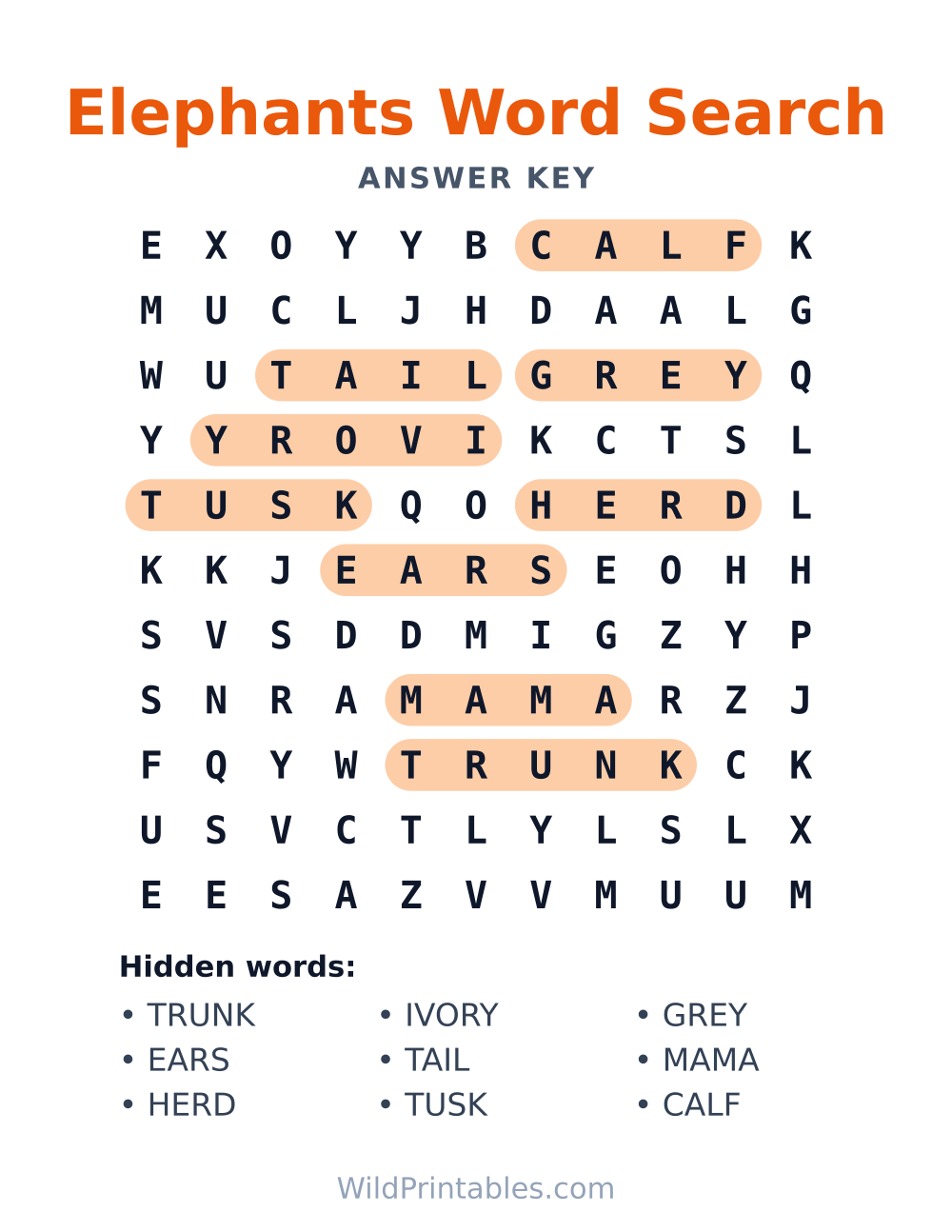 Elephants Word Search — answer key