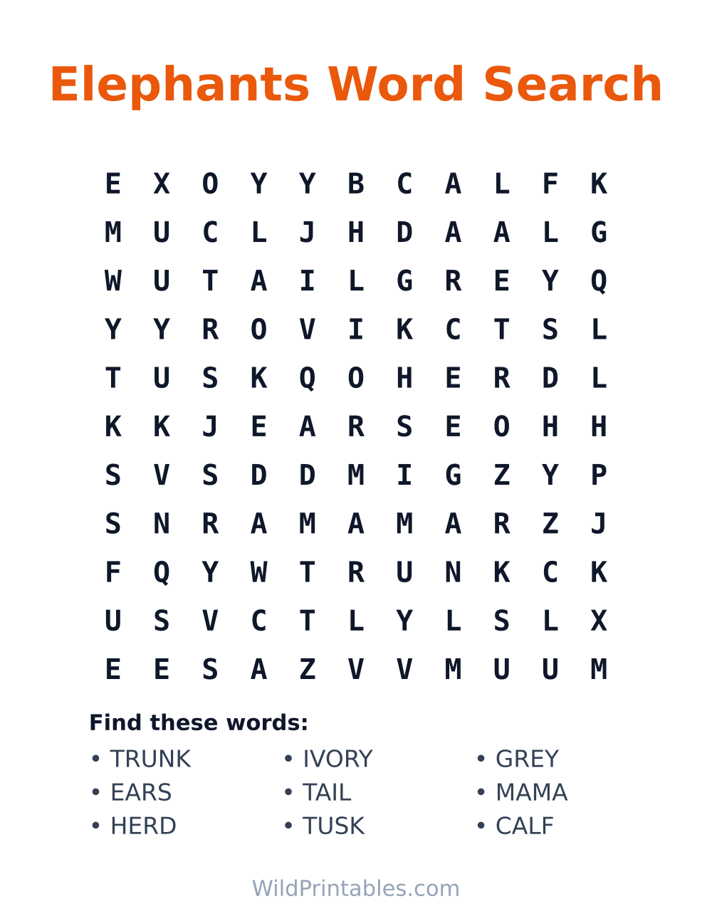 Elephants Word Search — free printable word search for kids