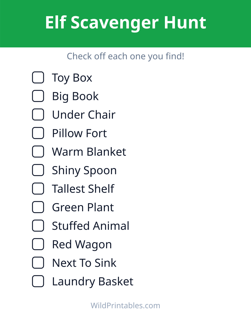 Elf Scavenger Hunt — free printable scavenger hunt for kids to print and color at home