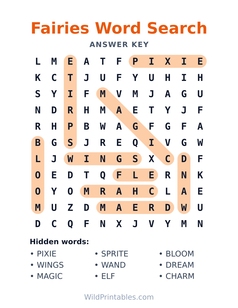 Fairies Word Search — answer key