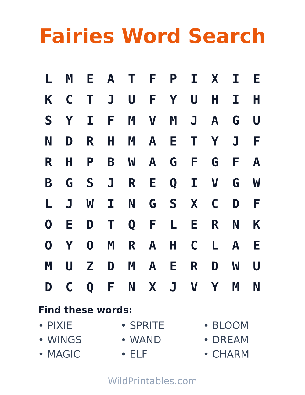 Fairies Word Search — free printable word search for kids