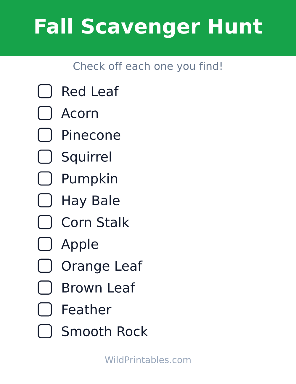 Fall Scavenger Hunt — free printable scavenger hunt for kids to print and color at home