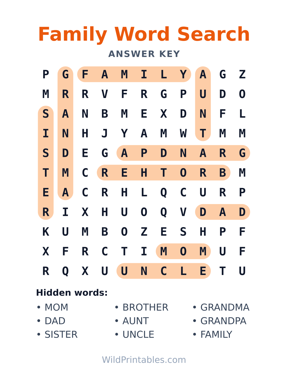 Family Word Search — answer key
