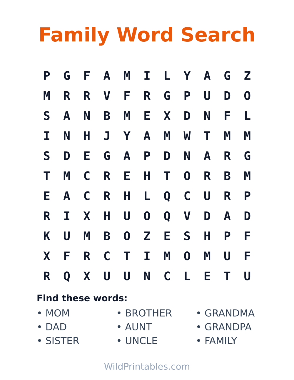 Family Word Search — free printable word search for kids to print and color at home