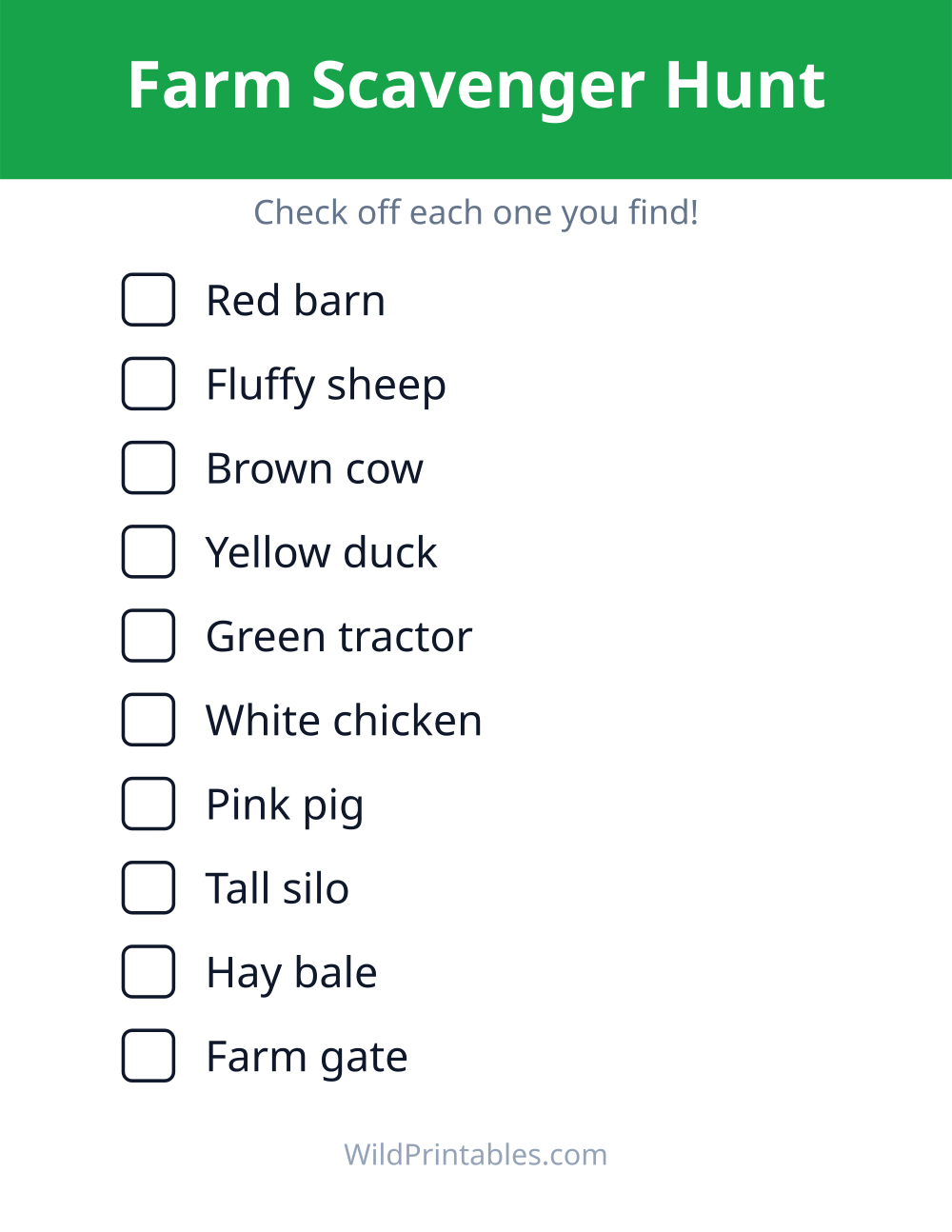 Farm Scavenger Hunt — free printable scavenger hunt for kids