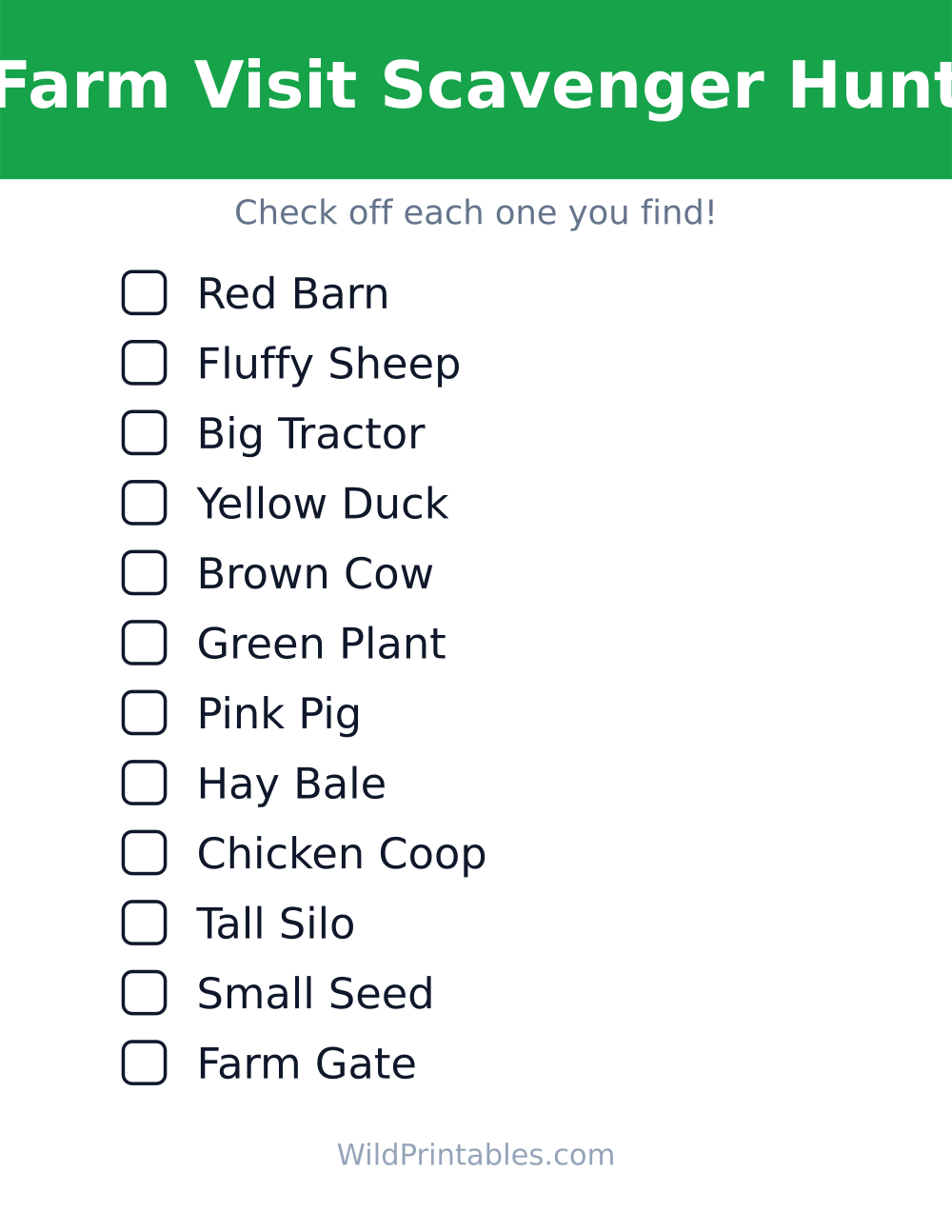 Farm Visit Scavenger Hunt — free printable scavenger hunt for kids