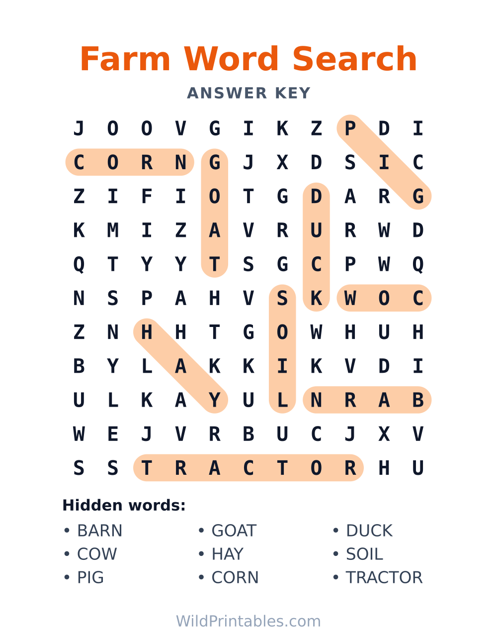 Farm Word Search — answer key