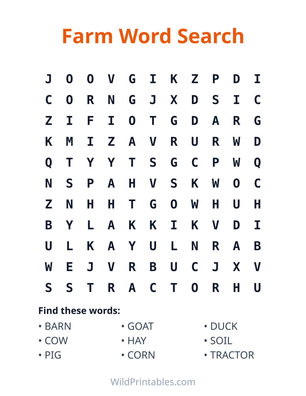 Farm Word Search — free printable word search for kids