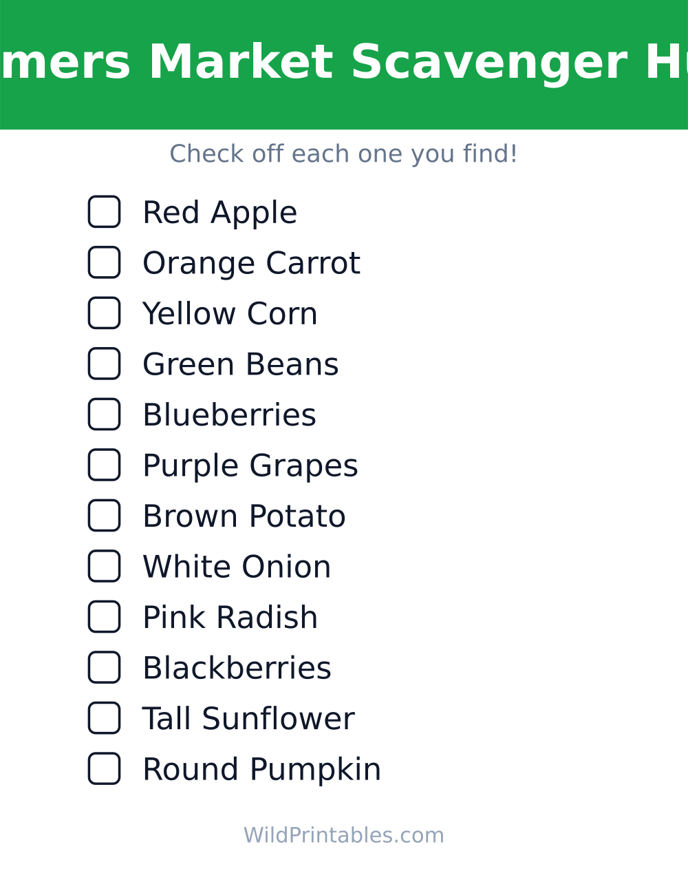 Farmers Market Scavenger Hunt — free printable scavenger hunt for kids to print and color at home