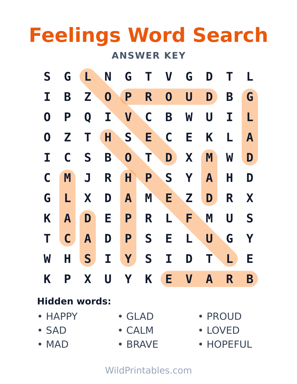Feelings Word Search — answer key