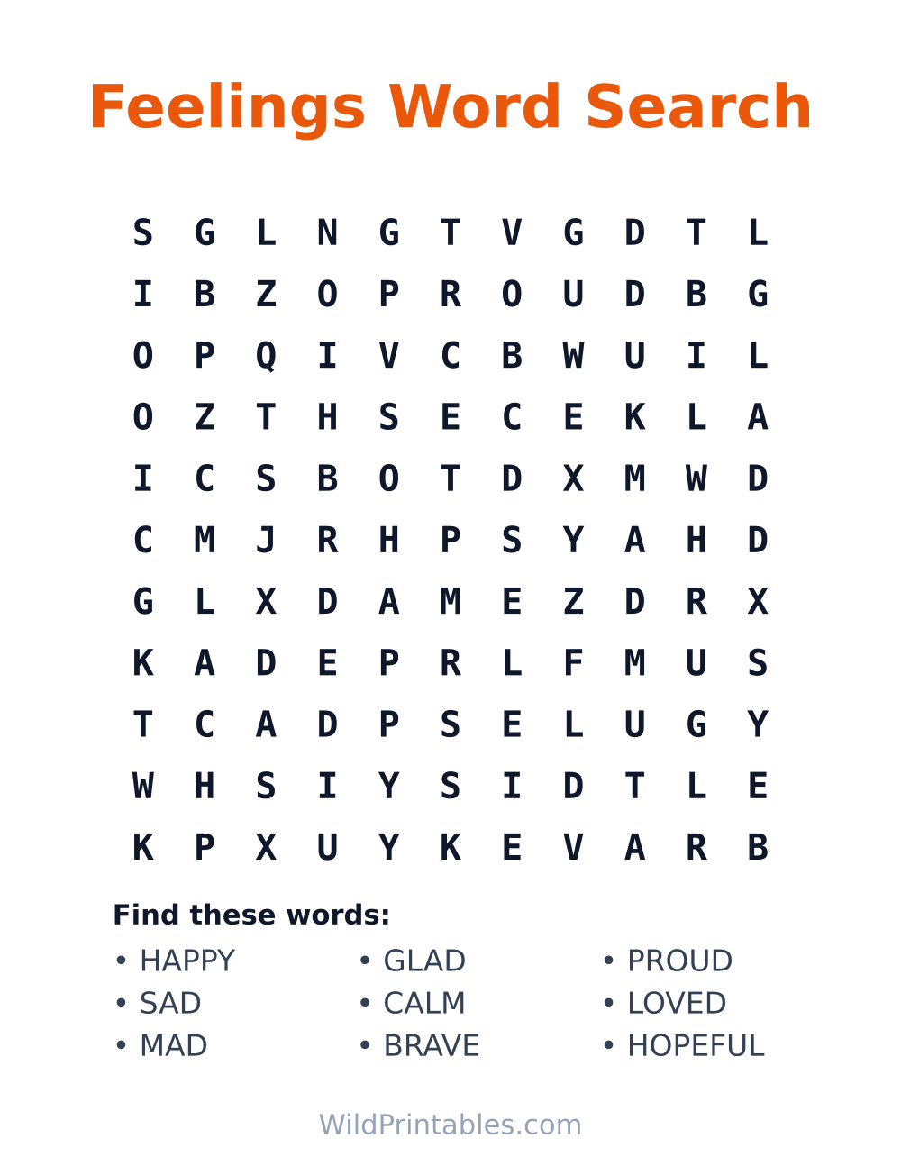 Feelings Word Search — free printable word search for kids to print and color at home