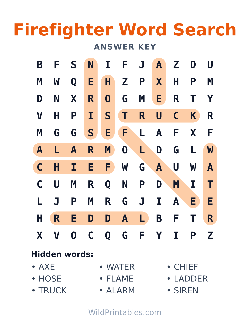 Firefighter Word Search — answer key