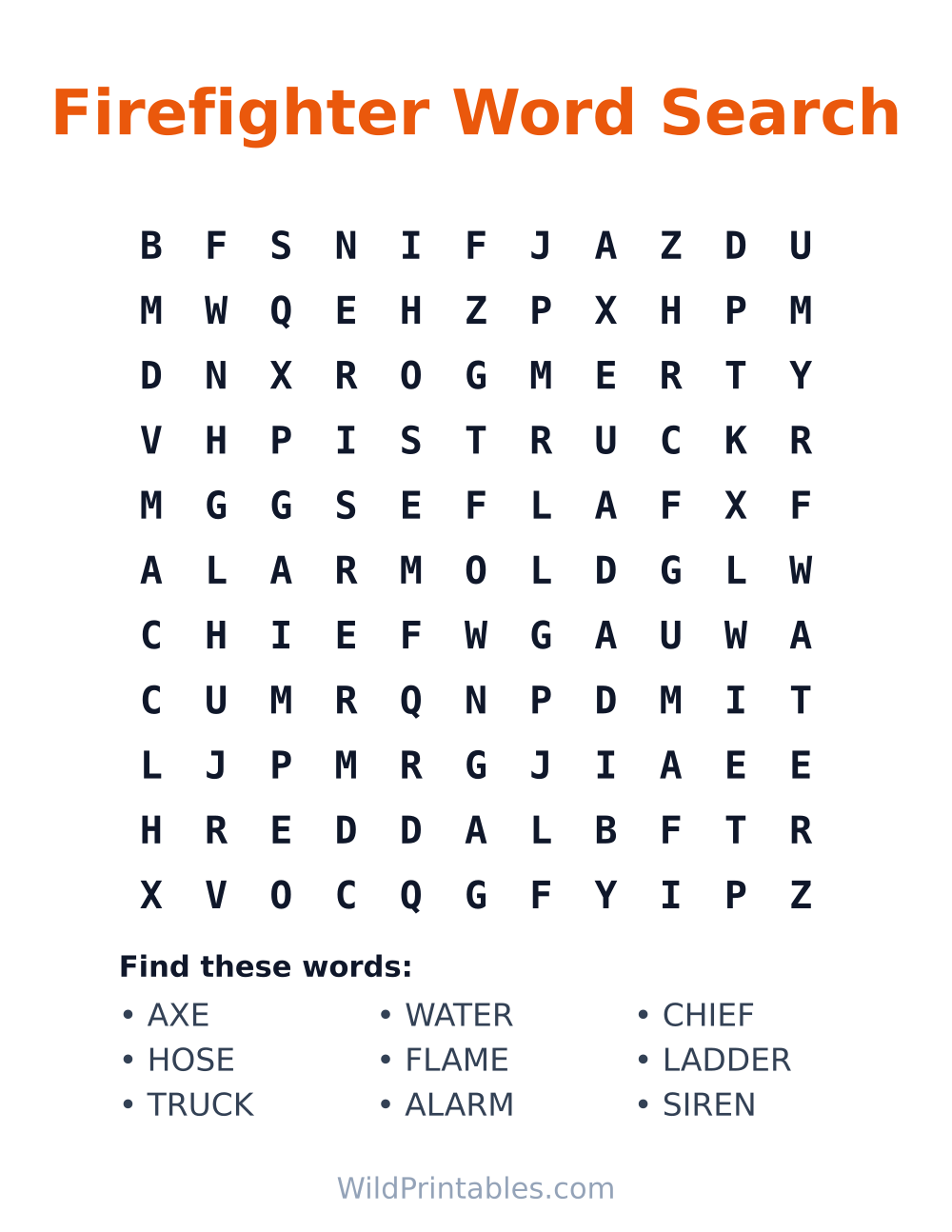 Firefighter Word Search — free printable word search for kids to print and color at home