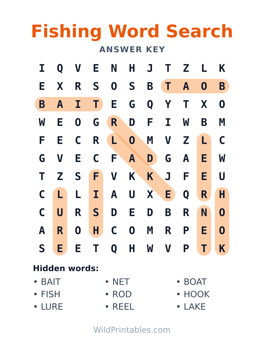 Fishing Word Search — answer key