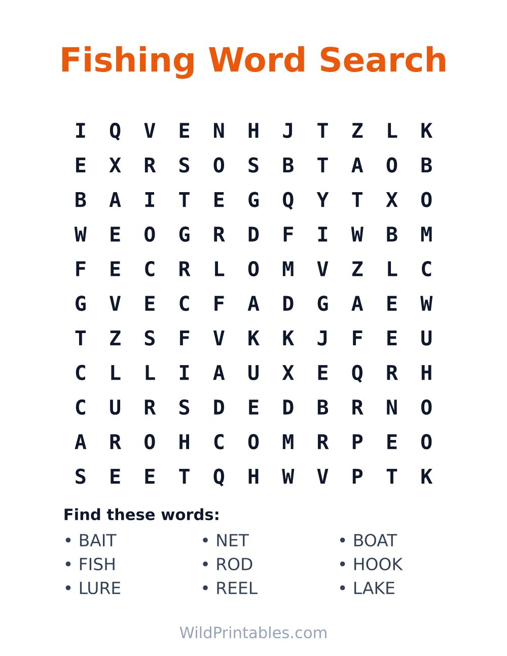 Fishing Word Search — free printable word search for kids
