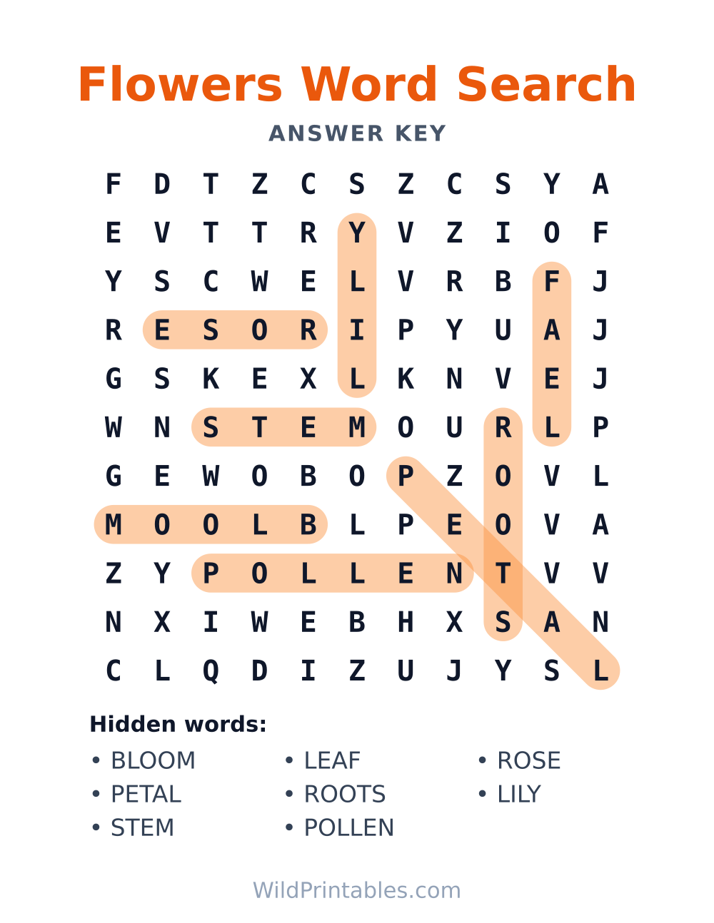 Flowers Word Search — answer key