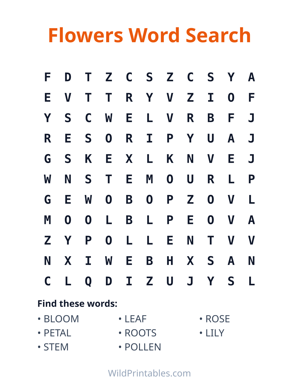 Flowers Word Search — free printable word search for kids to print and color at home