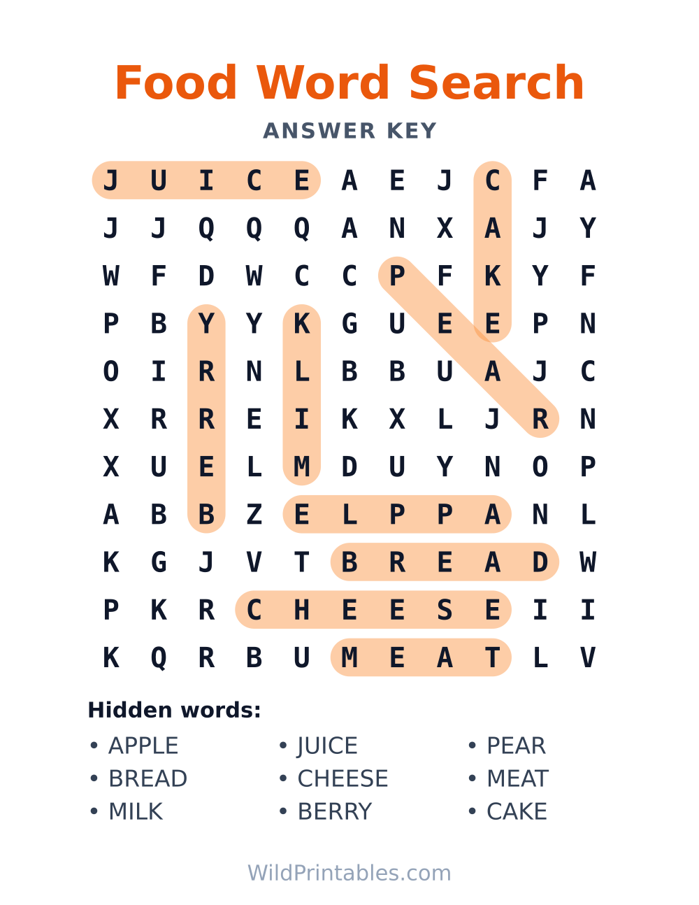 Food Word Search — answer key