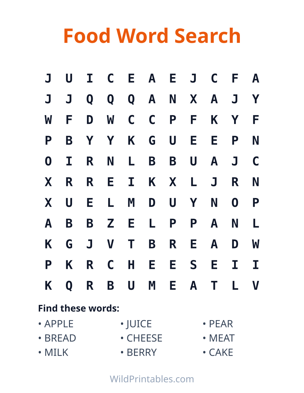 Food Word Search — free printable word search for kids