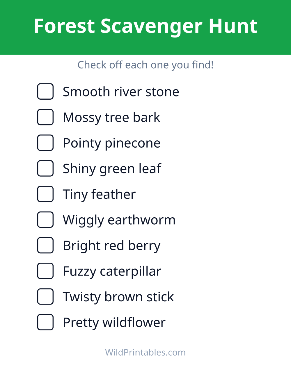 Forest Scavenger Hunt — free printable scavenger hunt for kids