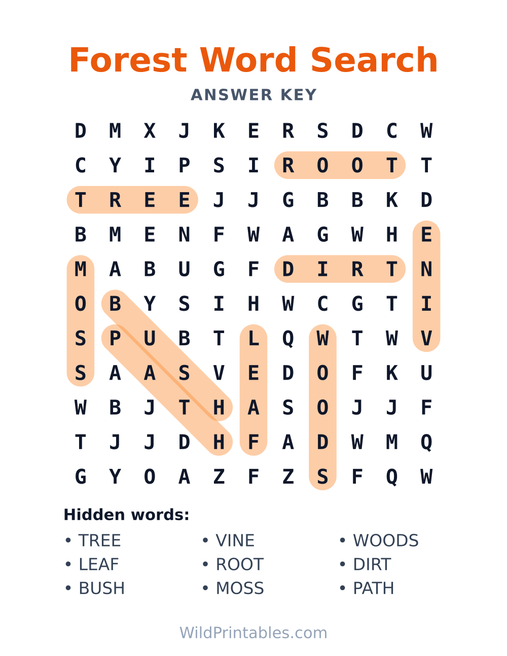 Forest Word Search — answer key
