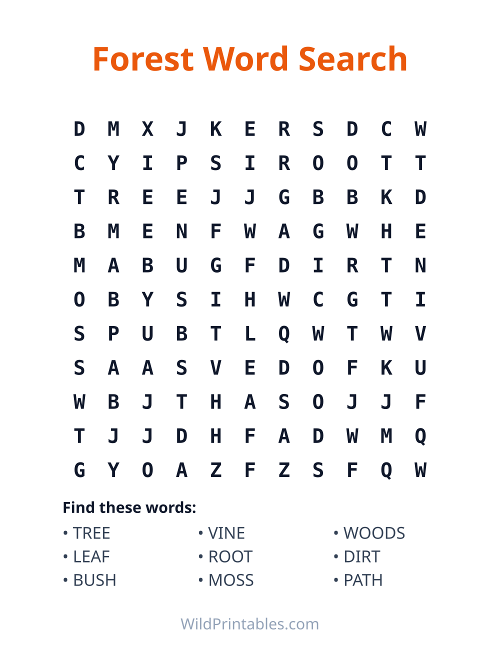 Forest Word Search — free printable word search for kids