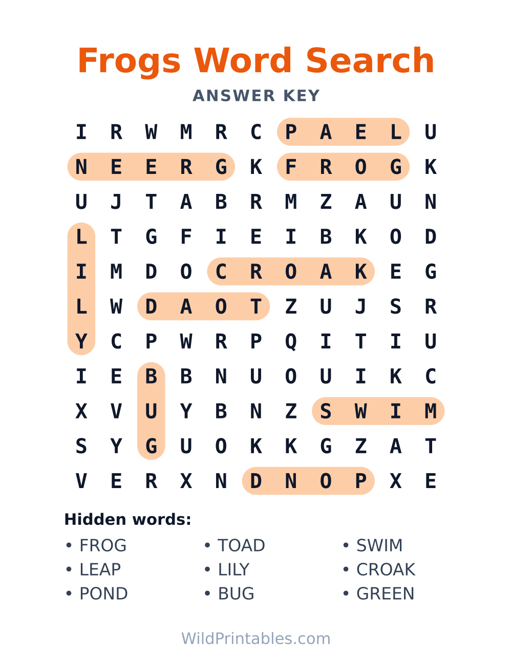 Frogs Word Search — answer key