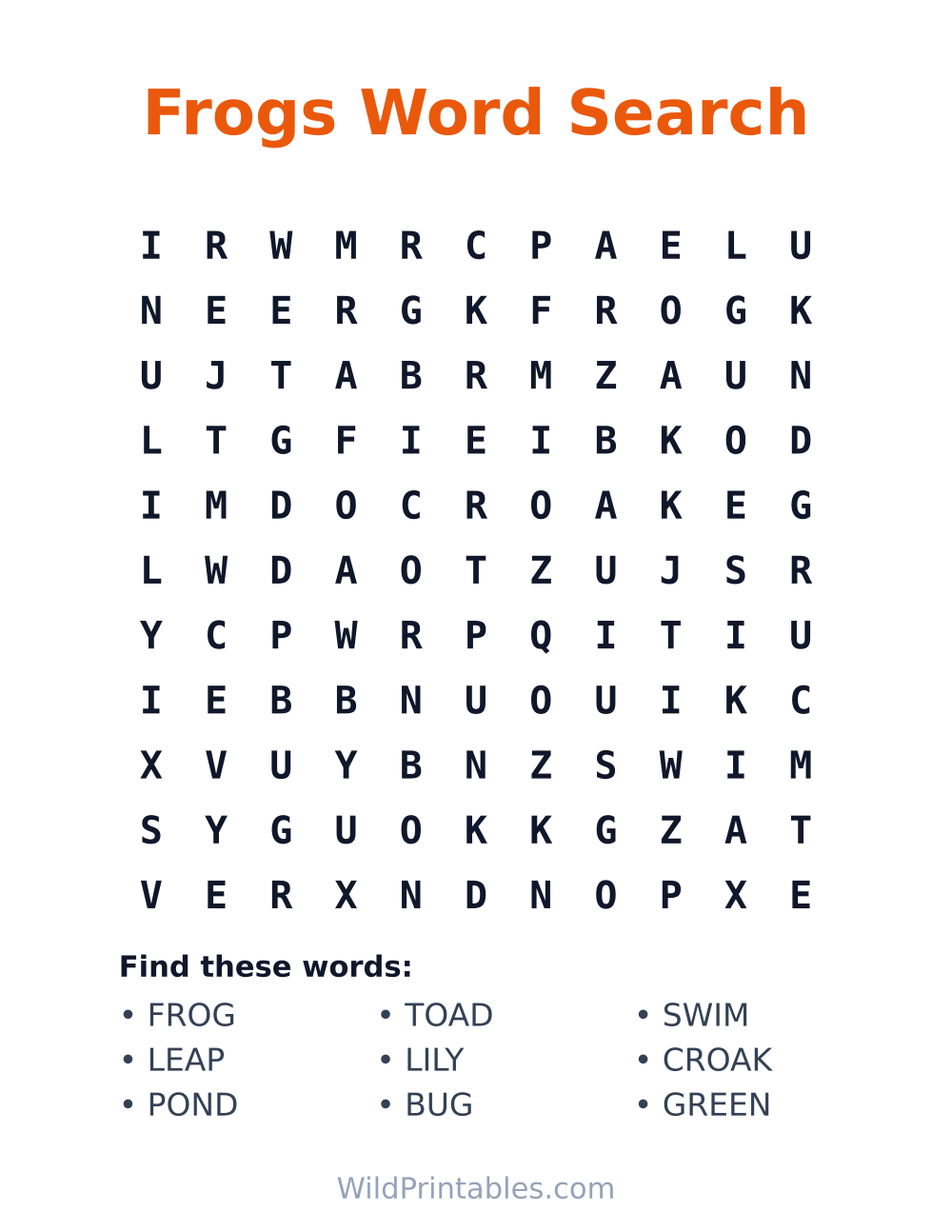 Frogs Word Search — free printable word search for kids