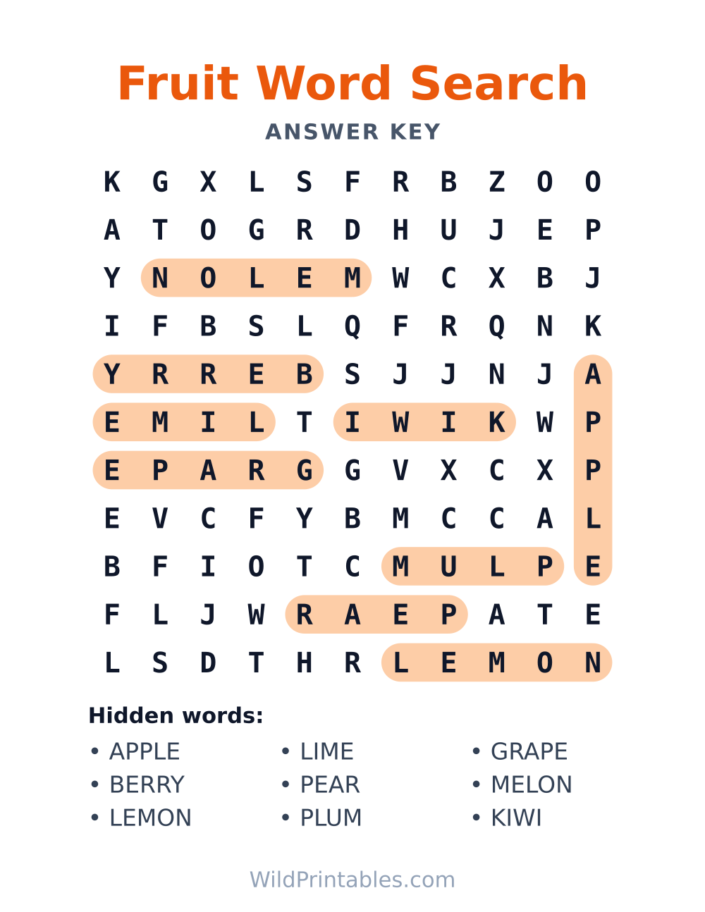 Fruit Word Search — answer key
