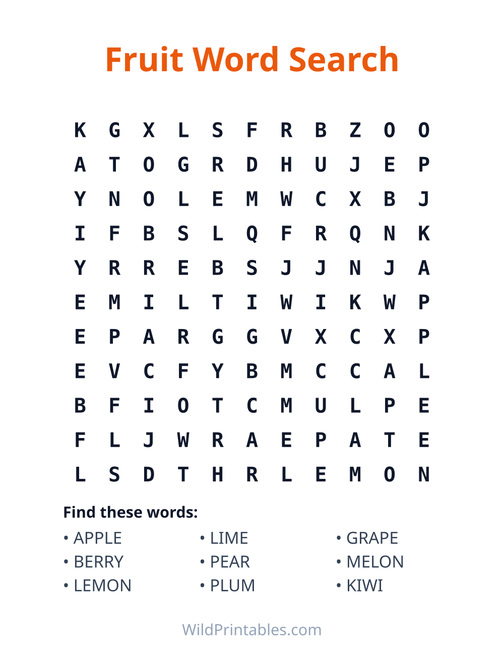 Fruit Word Search — free printable word search for kids to print and color at home