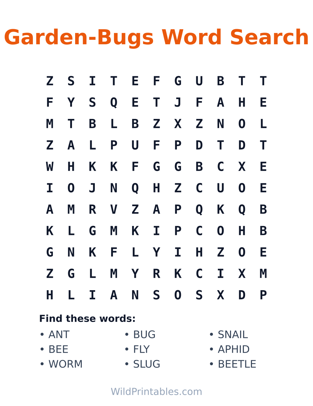 Garden-Bugs Word Search — free printable word search for kids