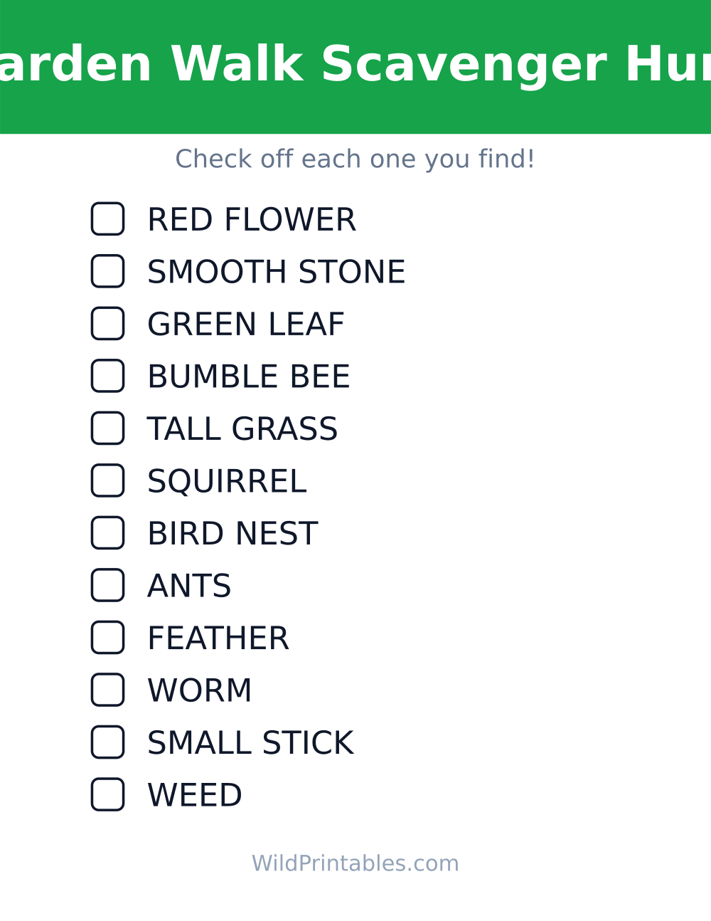 Garden Walk Scavenger Hunt — free printable scavenger hunt for kids