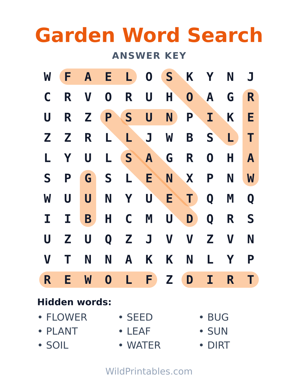 Garden Word Search — answer key