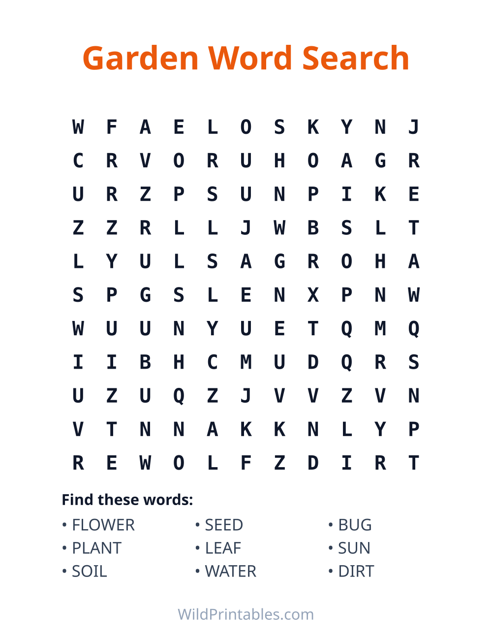 Garden Word Search — free printable word search for kids to print and color at home