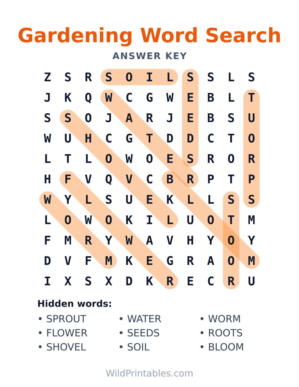 Gardening Word Search — answer key
