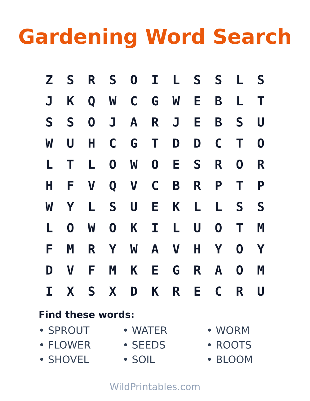 Gardening Word Search — free printable word search for kids