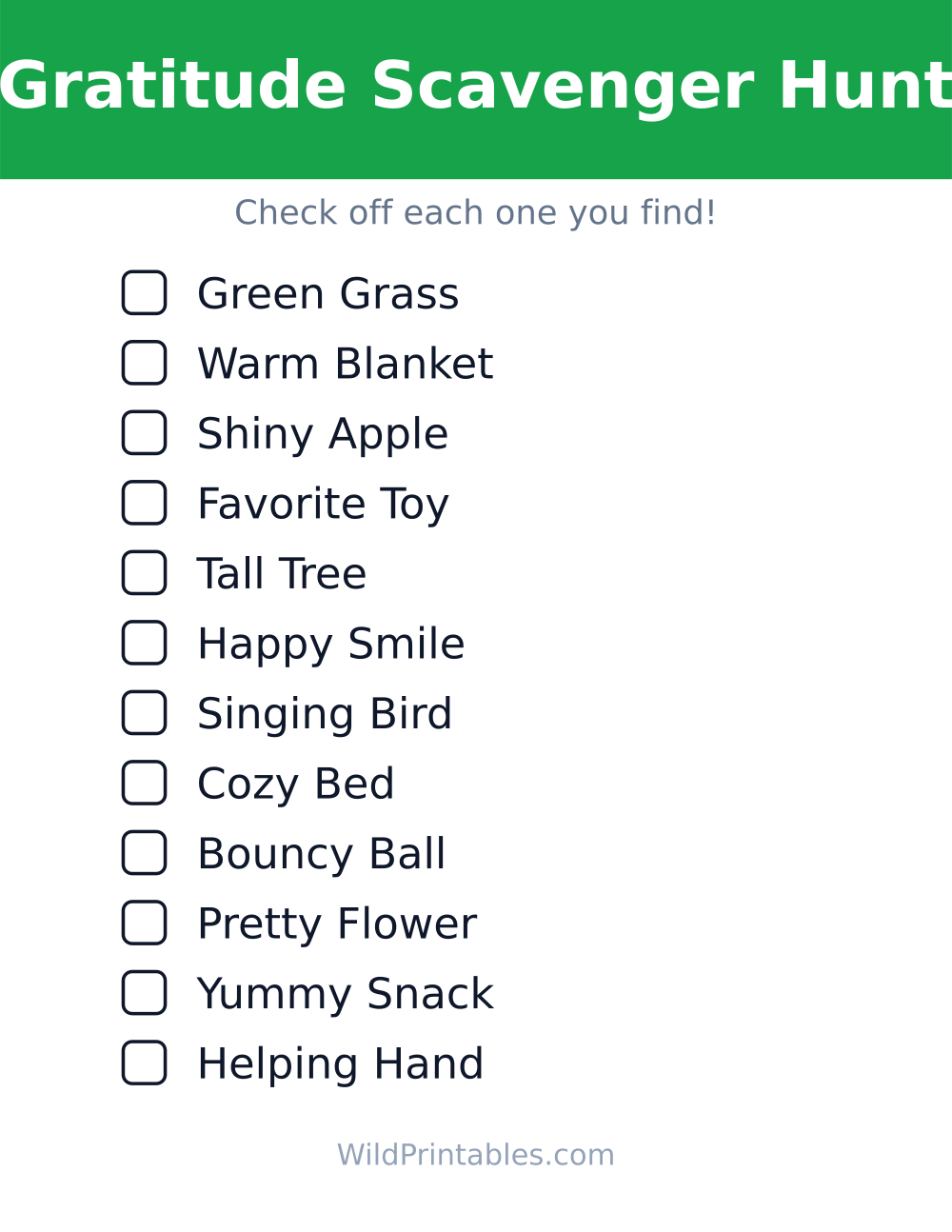 Gratitude Scavenger Hunt — free printable scavenger hunt for kids to print and color at home