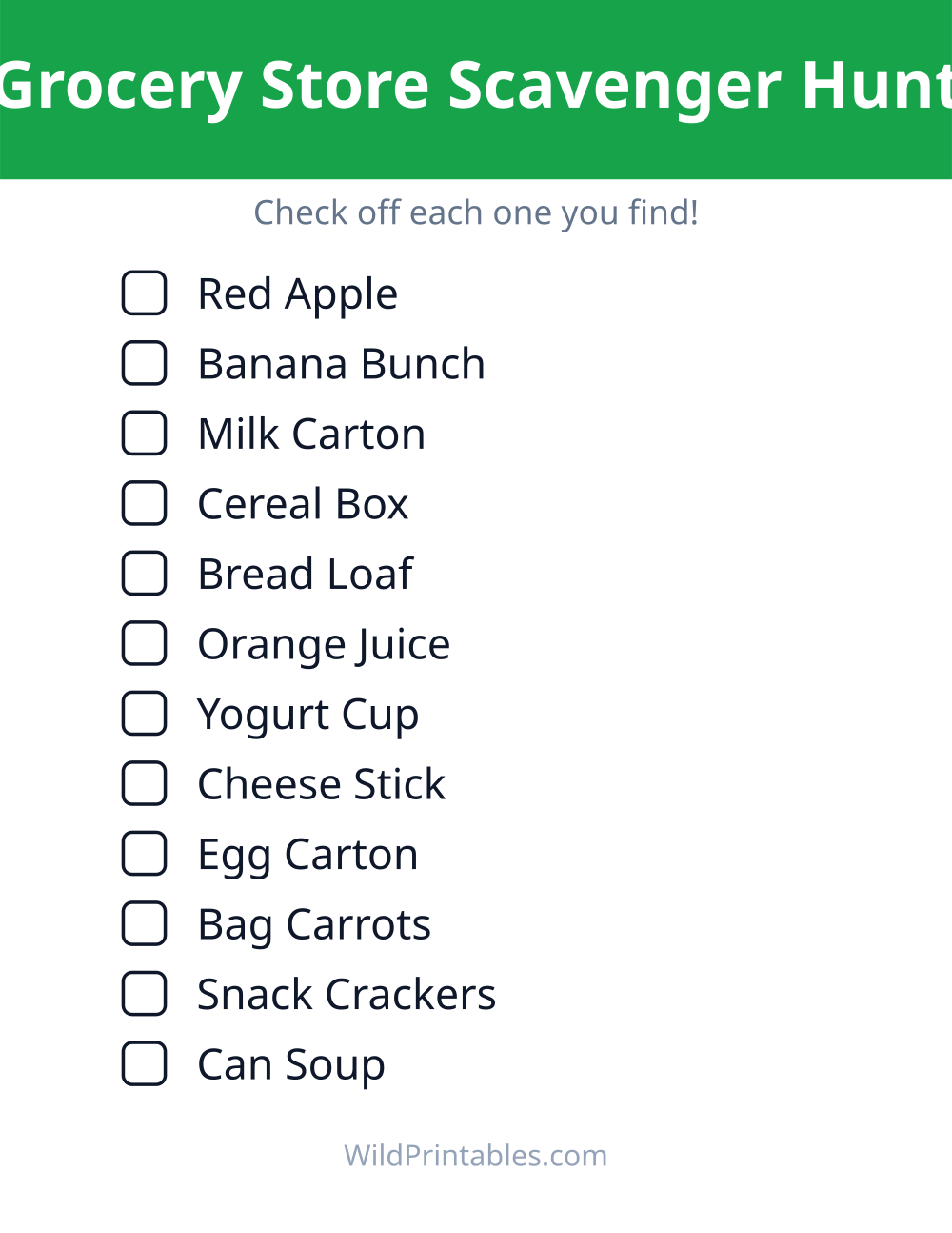 Grocery Store Scavenger Hunt — free printable scavenger hunt for kids