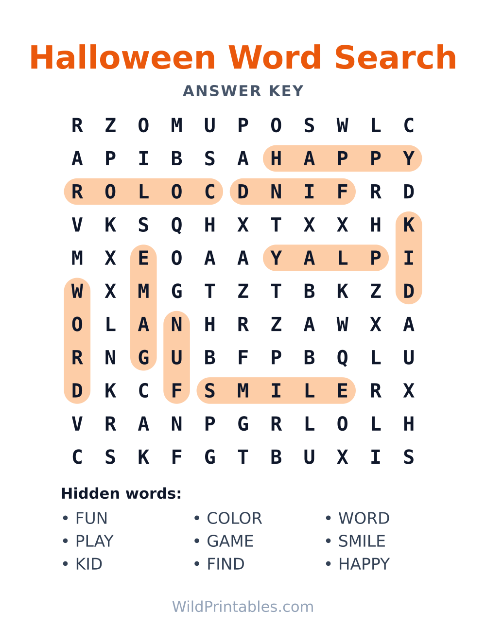 Halloween Word Search — answer key