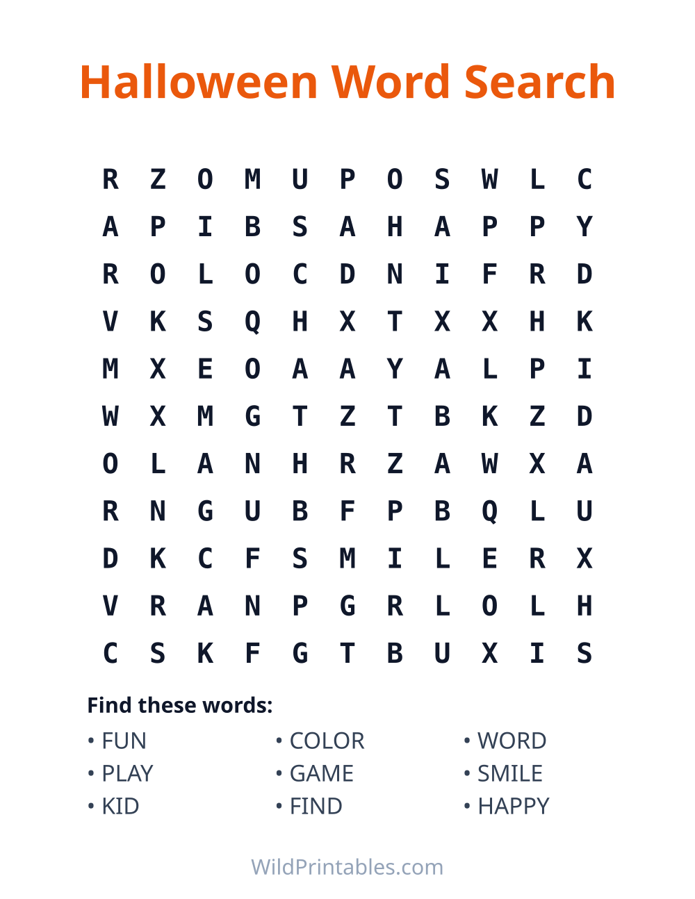 Halloween Word Search — free printable word search for kids