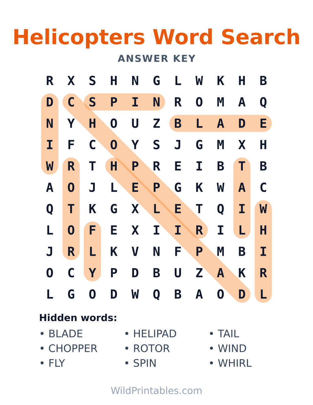 Helicopters Word Search — answer key