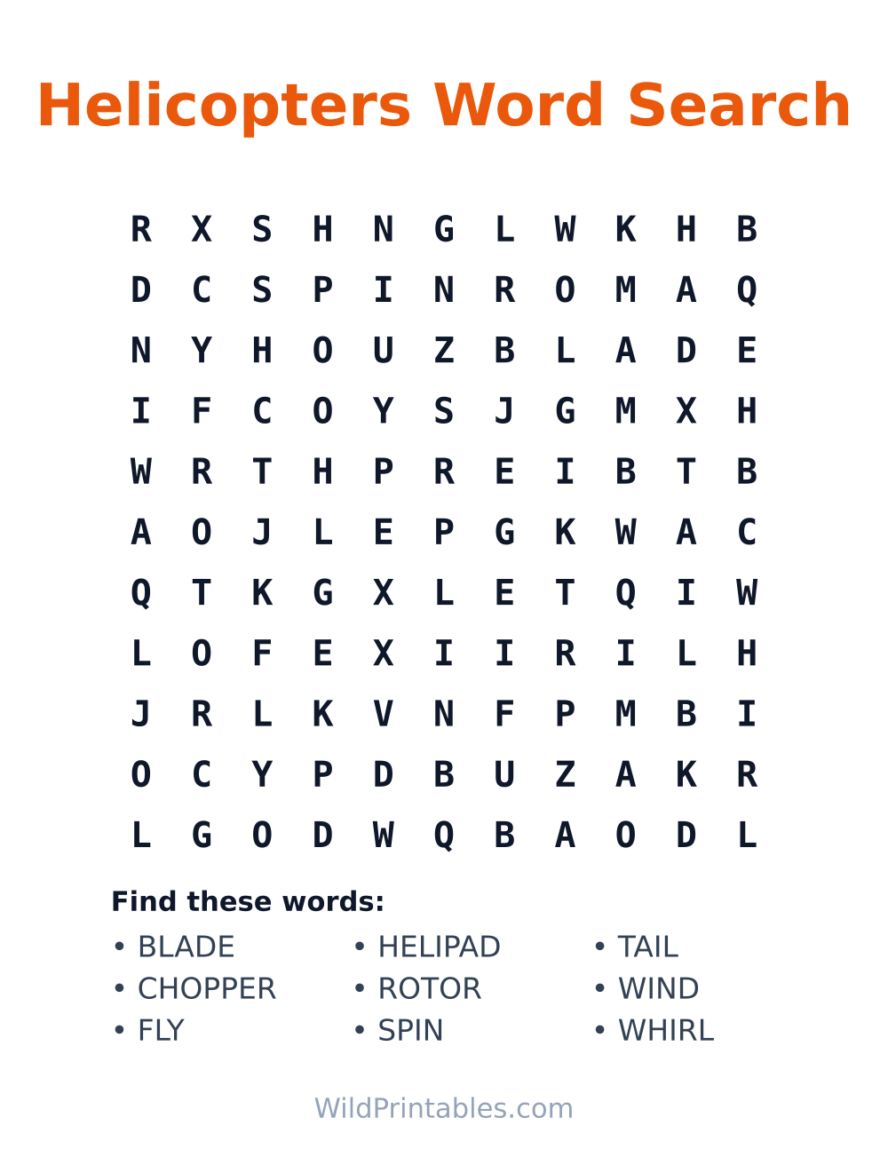 Helicopters Word Search — free printable word search for kids