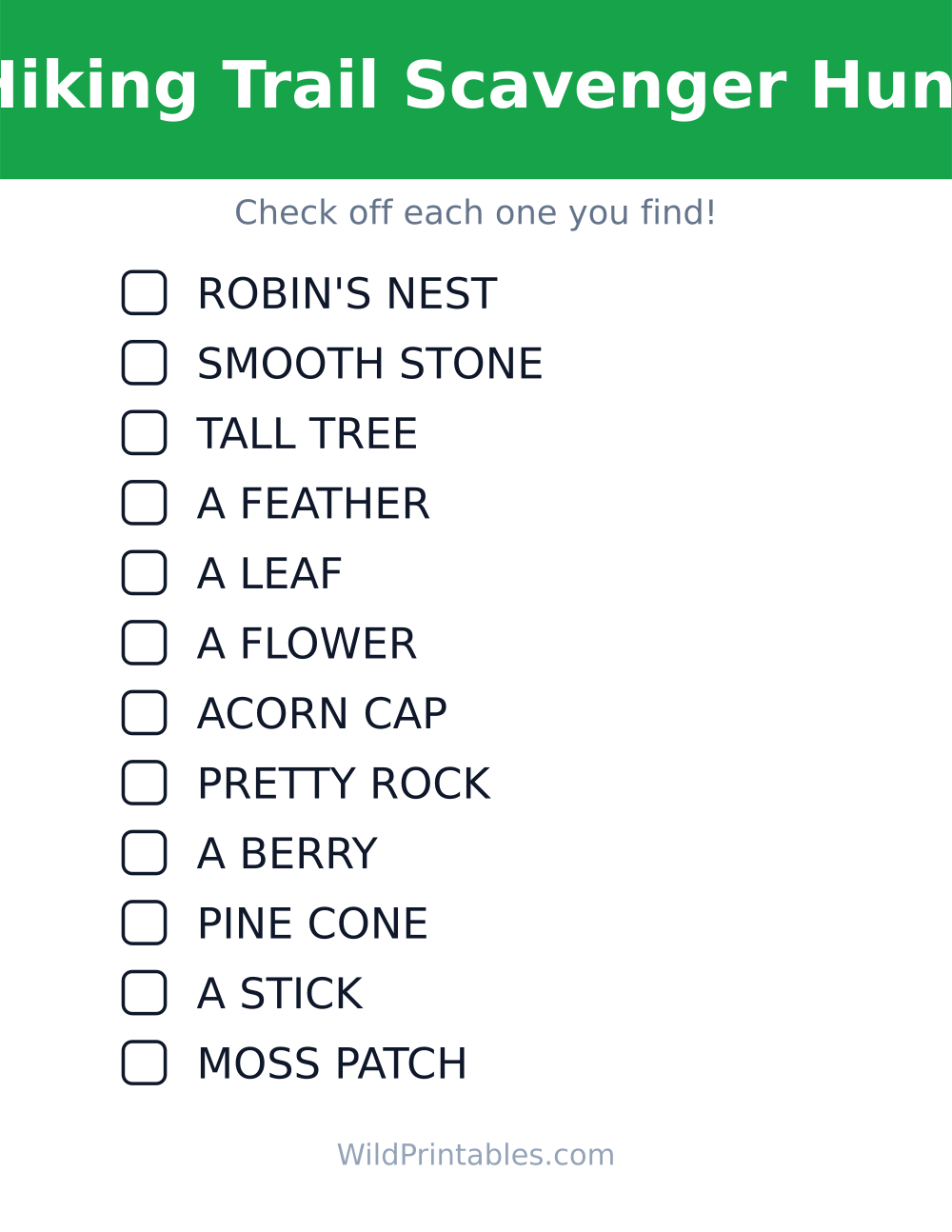 Hiking Trail Scavenger Hunt — free printable scavenger hunt for kids