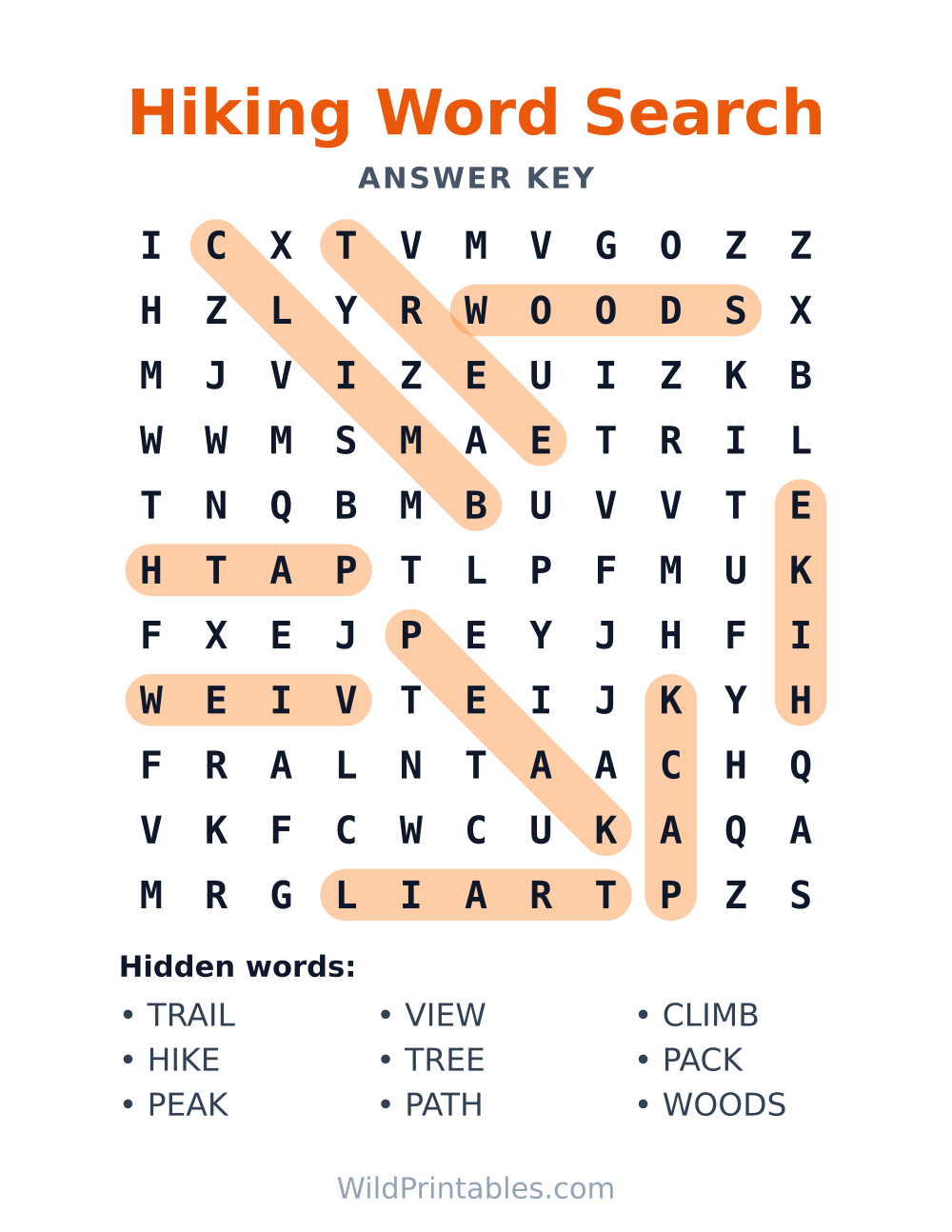 Hiking Word Search — answer key