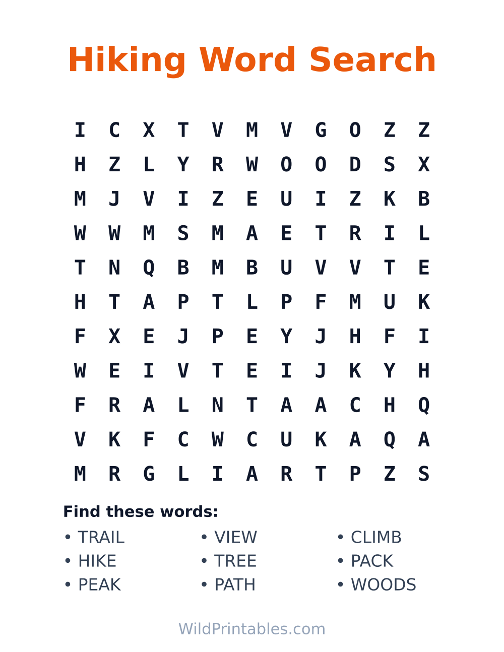Hiking Word Search — free printable word search for kids