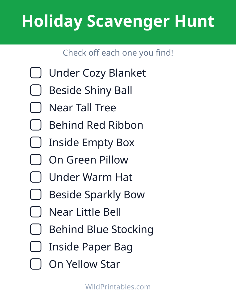 Holiday Scavenger Hunt — free printable scavenger hunt for kids to print and color at home